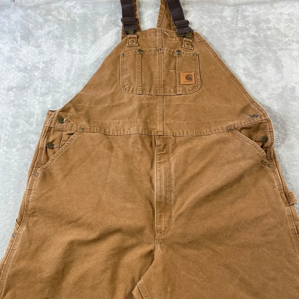 Carhartt Bib Overalls Mens 46x32 Brown Duck Double Knee Workwear Outdoor R06 211